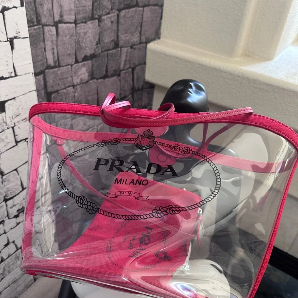 PRADA Clear Red Tote Pool Summer Bag with Pouch Authentic Used  Good   Condition - Picture 13 of 14